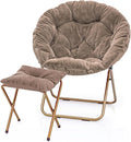 MoNiBloom Round Folding Faux Fur Saucer Chair for Bedroom Living Room Dorm Foldable Metal Frame Oversized Large Comfy Furry Padded Soft Cozy Moon Chair with Footrest Ottoman for Adults (Beige)