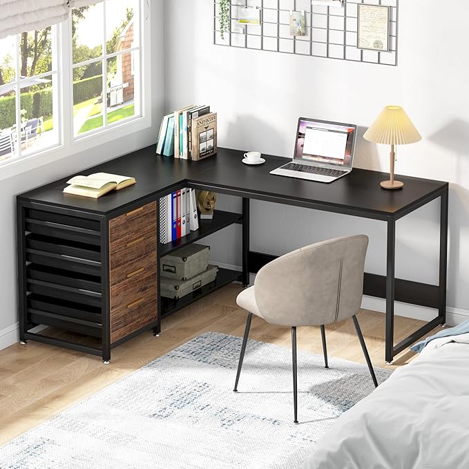 LITTLE TREE 59-Inch L Shaped Desk with Drawers, Large Computer Desk with Storage Shelves, Reversible L-Shaped Corner Desk Workstation for Home Office