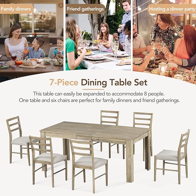 7-Piece Wooden Dining Set with Mutifunctional Extendable Table 12" Leaf and 2 Drawers,Rubber Wood Structure W/ 6 Soft Cushion Chairs,for Dining Room,Natural Wood Wash