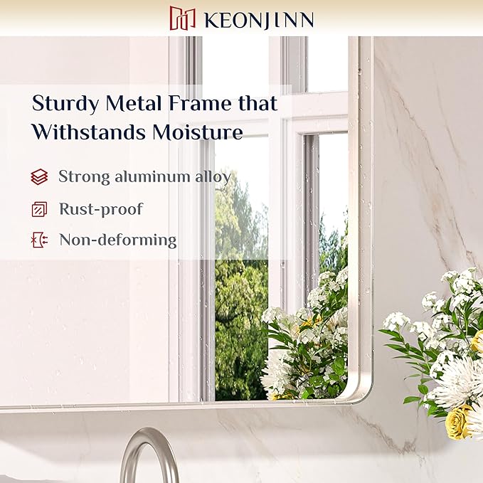 Keonjinn Brushed Nickel Mirror 40 x 30 Inch Large Silver Bathroom Mirror for Over Sink, Rounded Rectangle Farmhouse Vanity Mirror with Metal Frame, HD Tempered Glass Wall Mirror(Horizontal/Vertical)