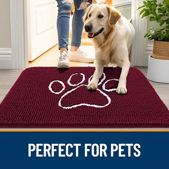 OLANLY Door Mat for Muddy Dog Paws 70x24, Ultra Absorbent Chenille Mud Doormat with Paw Print Design, Non-Slip Washable Doormat for Indoor Entryway, Quick-Dry Pet Bed Mats for Dirty Dogs, Burgundy