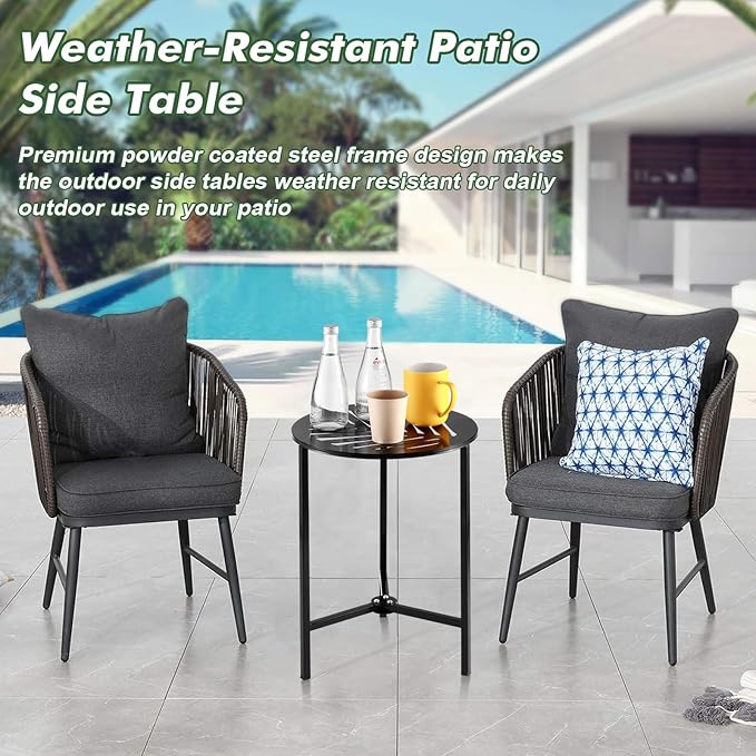 2 Packs 13" Metal Outdoor Side Tables Small Black Outside End Table for Patio Round Accent Corner Stand for Small Spaces Weather-resistant Coffee Table for Balcony Porch Plant Stand,Tropical Leaf