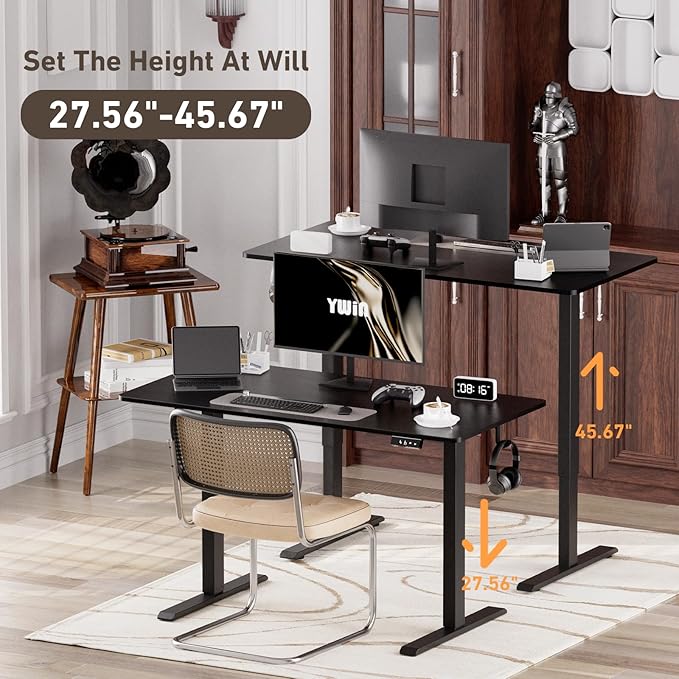 Ywin Electric Height Adjustable Standing Desk with Wheels, 63 x 24 inches Ergonomic Stand Up Desk for Home Office