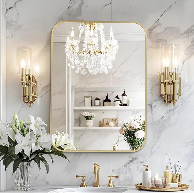 MZON 22x30 Inch Brushed Gold Vanity Mirror, Rectangle Bathroom Mirrors for Over Sink, Anti-Rust Frame & Tempered Glass, Hangs Horizontally/Vertically - Perfect for Farmhouse, Bedroom or Entryway Decor