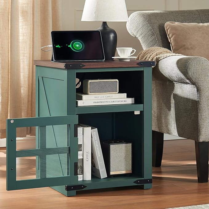 Farmhouse Nightstand with Charging Station, Rustic End Table with Tempered Glass Barn Door, Wood Sofa Side Bedside Table with Open Storage Shelf for Living Room, Bedroom, Green, 2 Pack