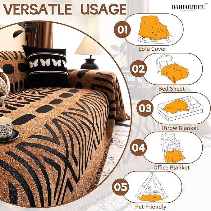 HANDONTIME Boho Couch Cover Geometric Striped Pet Covers for Couches and Sofas Copper Brown and Black Dog Cover for Couch Pet Friendly Chenille Sectional Sofa Covers for Pets Washable, 71" X 150"