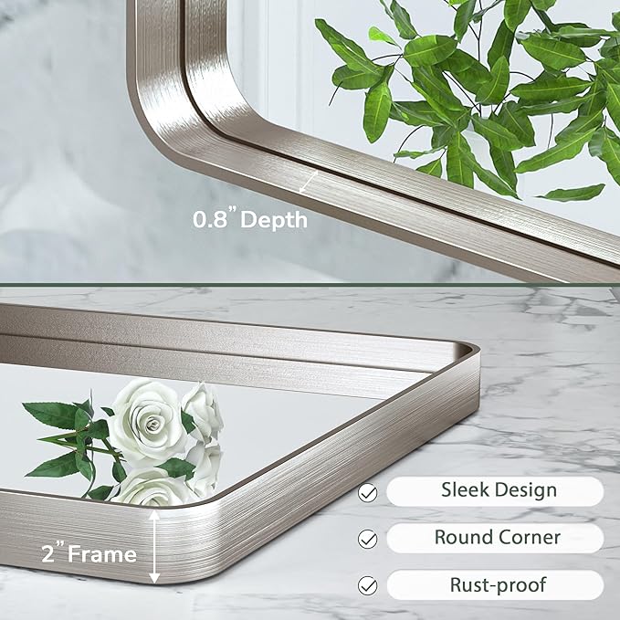 TokeShimi 20x30 Brushed Nickel Bathroom Wall Mirror Vanity Metal Frame Round Corner Rectangular for Home Decor Living Room Entryway (Horizontal/Vertical)