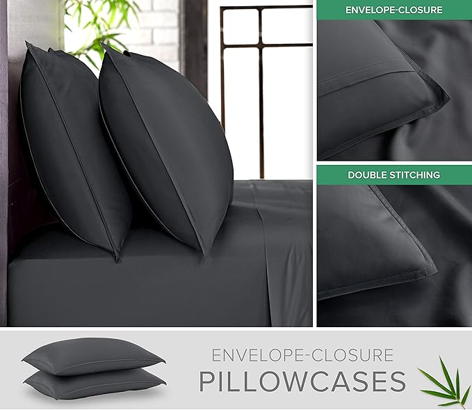 Full Sheets by Pure Bamboo, Genuine 100% Organic Viscose Derived from Bamboo Bed Sheet Set, Luxuriously Soft & Cooling, Double Stitching, 2 Year Quality Promise (Full, Charcoal)