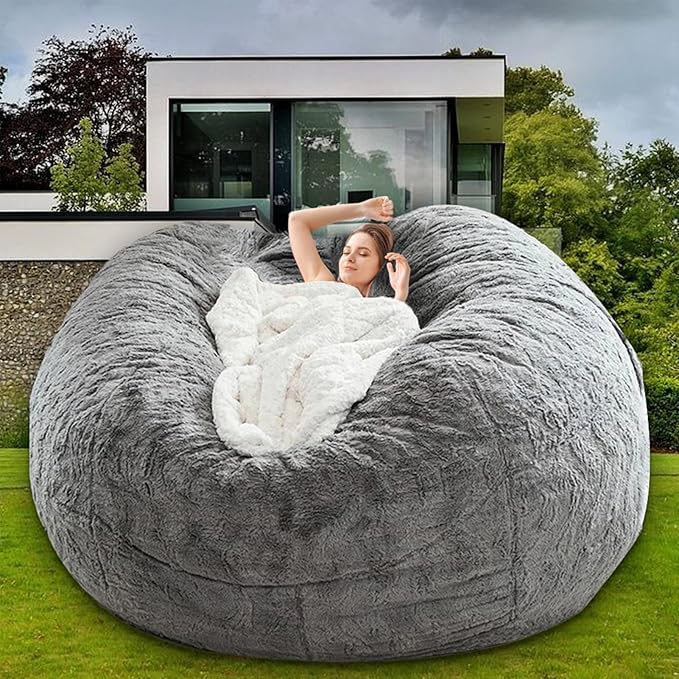 Bean Bag Chair for Adults Kids Without Filling Comfy Fluffy Giant Round Beanbag Lazy Sofa Cover for Reading Chair Floor Chair, 7FT, Grey