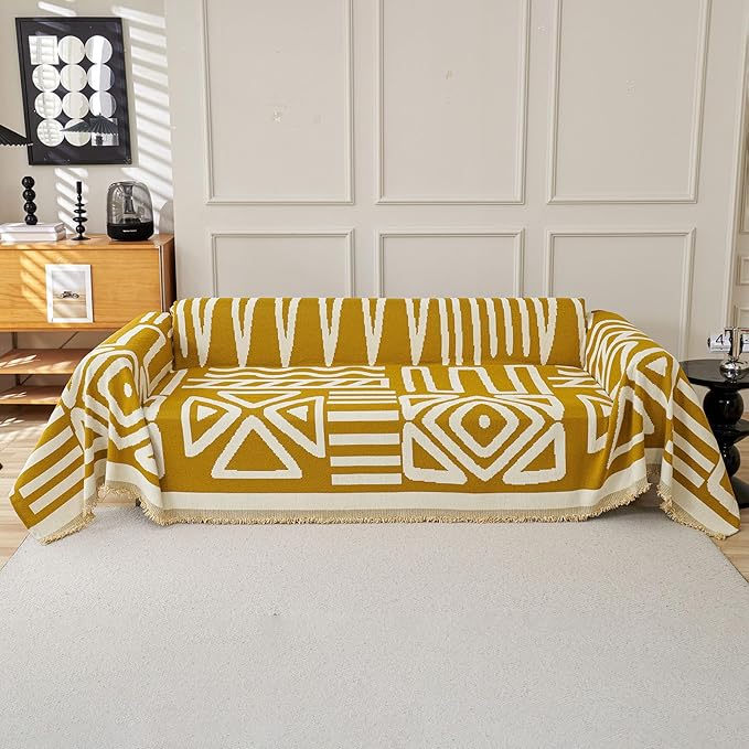 STACYPIK Boho Chenille Couch Cover, Ginger Yellow Sofa Cover for 3 Cushion Couch, Anti Slip L Shaped Couch Protector, Washable Loveseat Cover Pet Friendly, Multi-Use Jacquard Throw Cover-71X150IN