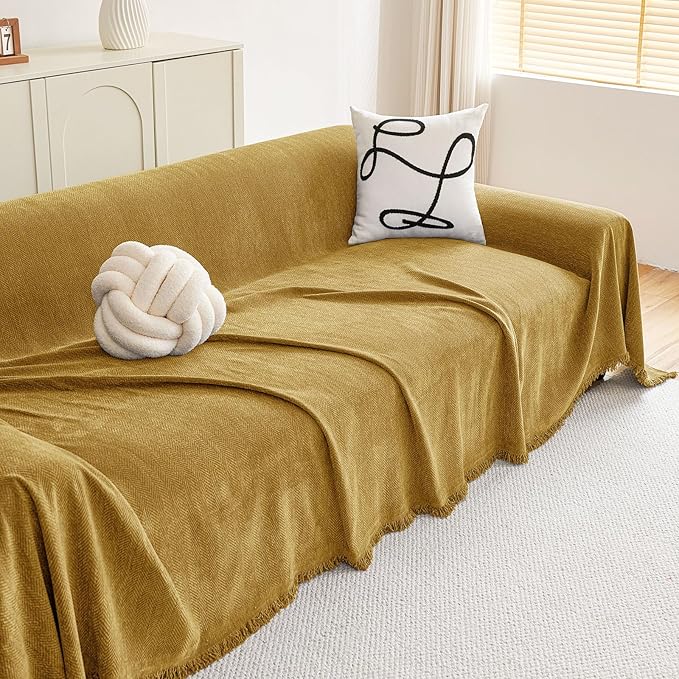 hyha Couch Cover for Dogs, Boho Sofa Covers for 3 Cushion Couch Washable, Chenille Sofa Slipcover for Pets, Soft Loveseat Sectional Couch Throw Blankets with Tassels (Yellow, 71x118 Inch)