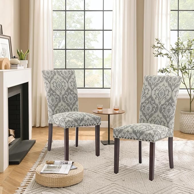 Parsons Dining Chairs Set of 4, Upholstered Nailhead Dining Room Kitchen Side Chair with Thick Cushions and Wood Legs, White/Grey