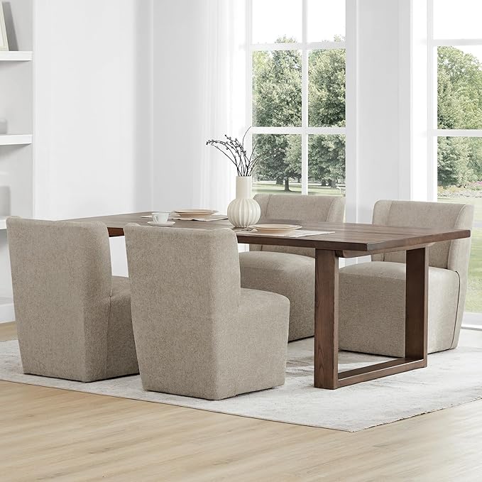 Upholstered Dining Chair with Casters Wingback Modern Side Armless Deskchair with Rollers for Diningroom Bedroom Livingroom Reading Room,Khaki,4 Box