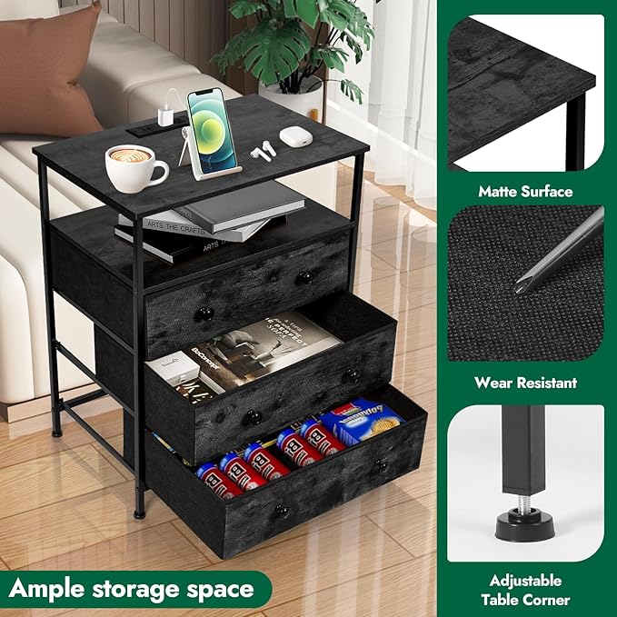 3 Drawers Dresser with Charging Station, 24 Inch Wide LED Night Stand Set 2 with Adjustable Fabric Drawer, Nightstand with Storage Shelf for Living Room/Bedroom/Office, Black.