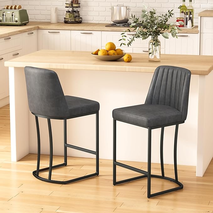 Bar Stools Set of 2, Faux Leather Counter Height Barstools, Upholstered Kitchen Counter Stools with Back and Stitching, 25.6" H Kitchen Island Stools Bar Chair, Metal Framed, Black Grey