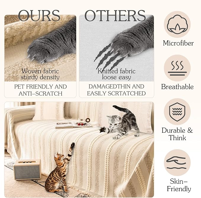 Couch Cover for Dogs Washable Sofa Cover, Sectional Couch Covers, Sofa Covers for 2 Cushion Couch, Non Slip Stripe Sofa Slipcovers Furniture Protector, Couch Protector from Cat Claws, Beige,71''x102''