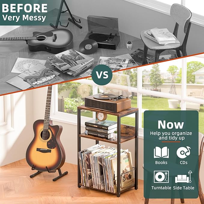 LELELINKY Record Player Stand, 3-Tier End Side Table with Vinyl Record Storage, Vinyl Record Holder Up to 120 Albums, Turntable Stand with Vinyls Storage for Music Living Room, Brown