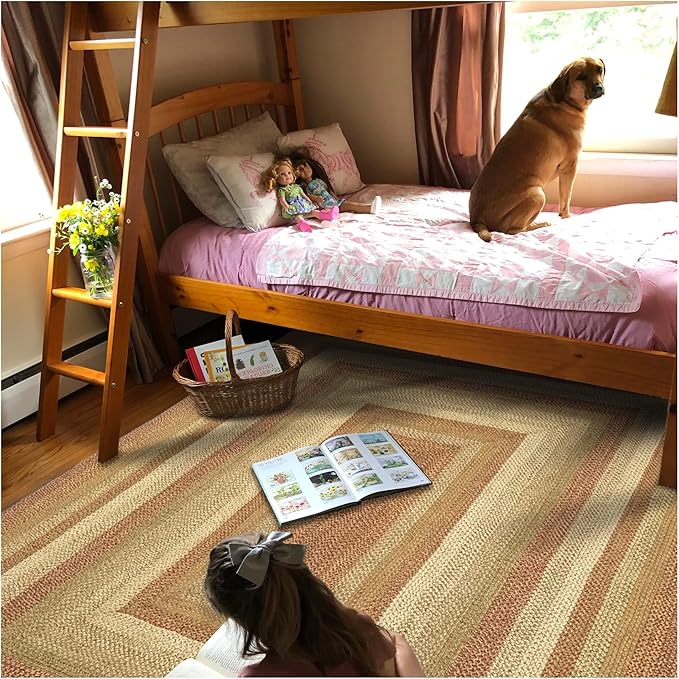 Homespice Harvest Premium Jute Braided Area Rug, 8' x 10' Rectangular Beige - Tan - Red, Reversible, Natural Jute Yarn Rustic, Country, Primitive, Farmhouse Style - 30 Day Risk Free Purchase