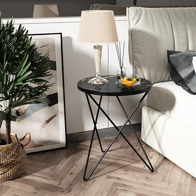 HLR Modern Round Side Table, End Table with Marble Effect Top and Gold Metal Frame, Small Side Table for Living Room, Bedroom, Sofa and Couch, Black Legs, Black Marble top
