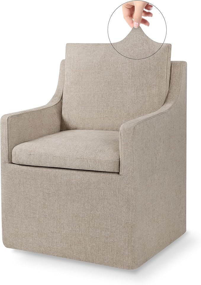 Upholstered Dining Chairs with Casters Easy Assembly Side Deskchair with Rollers for Diningroom, Living Room, Khaki, 4 Box