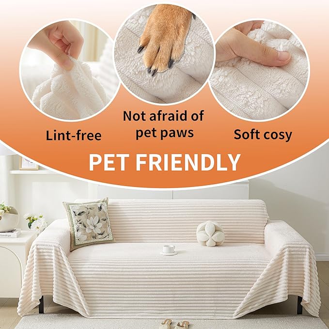HAOMAIJIA Faux Fur Sofa Covers Couch Covers for 3 Cushion Couch Sofa Pet Friendly Soft Non Slip Couch Cover for Dogs Washable Sectional Couch Covers L Shape Furniture Protector (Off White, 91"x150")