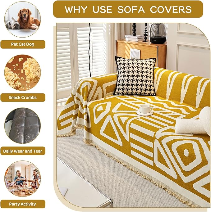 STACYPIK Mustard Yellow Boho Sofa Cover Couch Cover Reversible Jacquard Furniture Protector for 3 Cushion Couch L Shaped Sofa Slipcover Non-Silp Sofa Cushion Covers for Sectional with Tassels-91X118IN