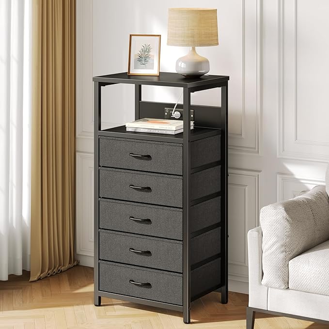 Seventable Night Stand with Charging Station, Tall Nightstand with 5 Fabric Storage Drawers, Side Table with LED Light for Bedroom, Entryway, Black, Set of 2
