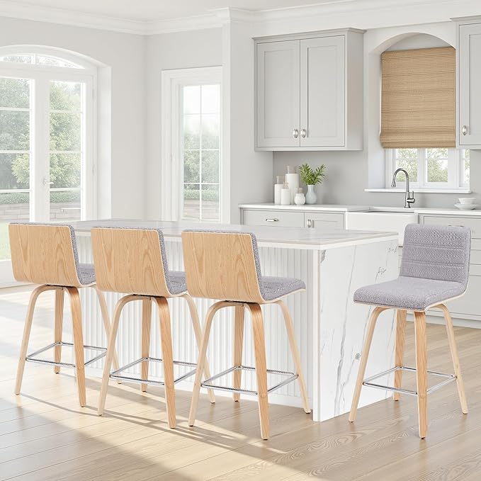 Vienna Modern Counter Height Swivel Bar Stool with Grey Upholstered Seat and Patterned Oak Wood Frame Set of 2