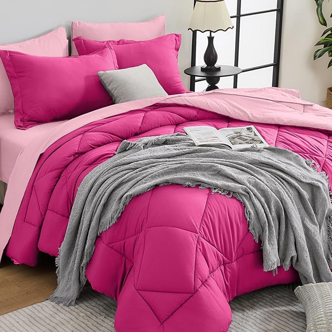 HEVUMYI Hot Pink & Baby Pink Twin-XL Comforter Set - 5-Piece All Season Bed in a Bag Twin-XL, Ultra Soft Bedding Set with Comforter, Flat Sheet, Fitted Sheet, Pillowcases, Pillow Shams