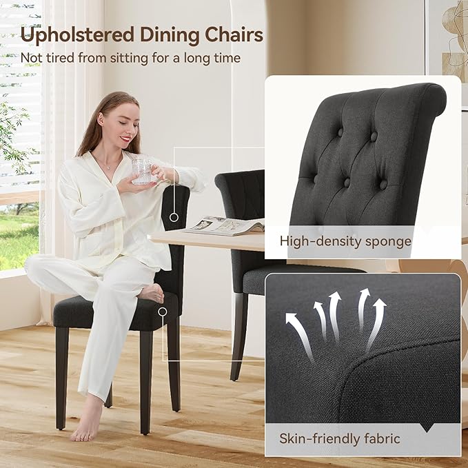 Upholstered Dining Chairs Set of 2, Button Tufted Parsons Dining Chair with Solid Wood Legs, Modern Fabric Side Chair for Dining Room/Kitchen/Restaurant/Hotel- Black