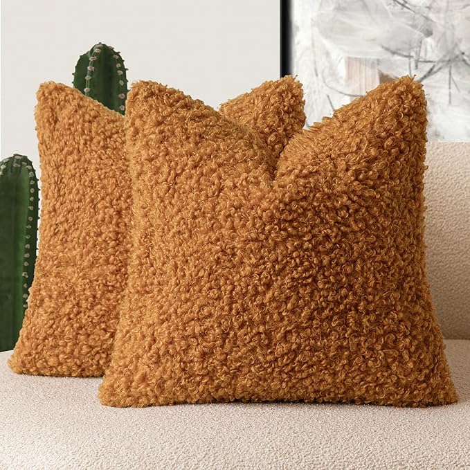 Foindtower 2 Pieces 20x20 Inch Orange, Faux Fur Throw Pillow Cover Accent Sherpa Furry Pillow Covers Fuzzy Soft Pillowcases Cozy Sheepskin Decorative Fleece Cushion Case for Bed Couch Living Room