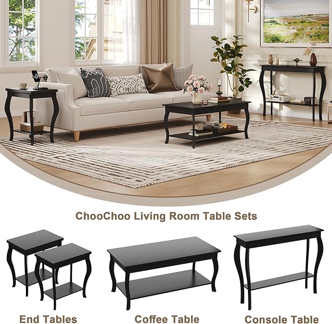 ChooChoo Coffee Table, Modern Center Table with Curved Legs and Storage Shelf, 39" Coffee Table for Living Room, Black