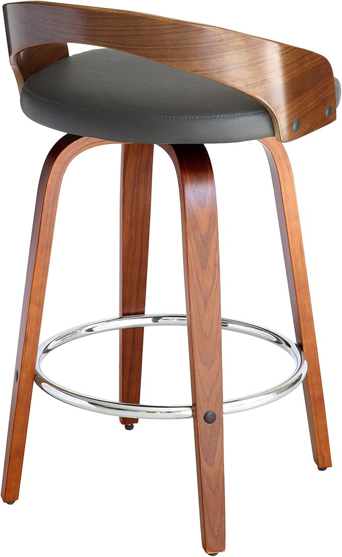 Armen Living Sonia 26" Counter Height Swivel Gray Faux Leather and Walnut Wood Bar Stool - Set of 3