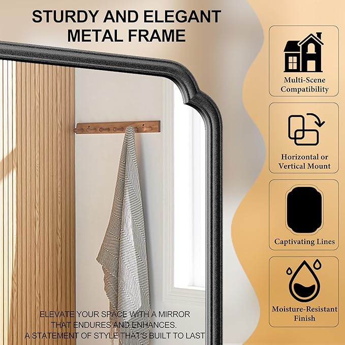 22x34 Inch Black Bathroom Mirror, Metal Framed Wall Mirror with Rounded Edges, Rustproof Horizontal Vertical Hanging for Vanity Over Sink