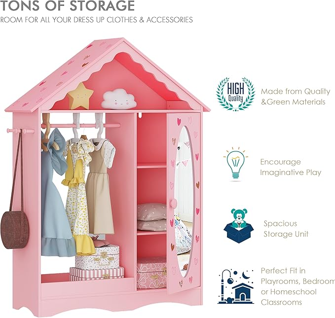 UTEX Kids Dress Up Storage with Mirror, Kids Wardrobe Closet, Dress Up Armoire for Little Girls, Open Hanging Costume Organizer with Storage Cabinet for Kids Room, Playroom