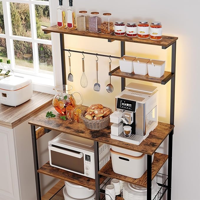 HOOBRO Bakers Rack with Power Outlet and LED Light, 6-Tier Microwave Stand with Wire Baskets, Coffee Bar Station, Kitchen Utility Storage Shelf with 4 Hooks, Rustic Brown and Black BF64UDHB01