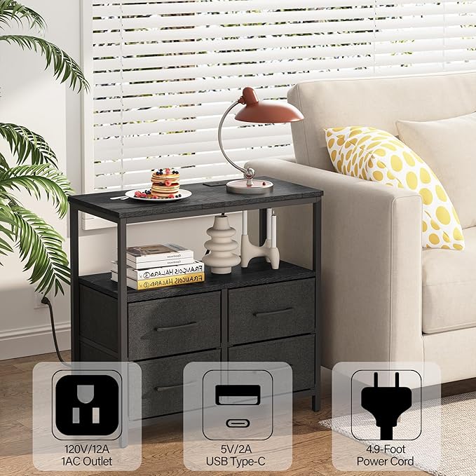 TUTOTAK Large Night Stand with Charging Station, Nightstand with USB and Type-C Port, Bedside Table with Cloth Drawers, End Table for Livingroom, Bedroom, Black TB01BK081