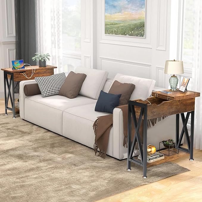 TooCust End Tables Living Room with Charging Station, 11.2" D x 24" W x 24" H, Flip Top Side Table with USB Ports and Outlets, Couch End Tables, Narrow End Table with 5.5" Deep Drawer