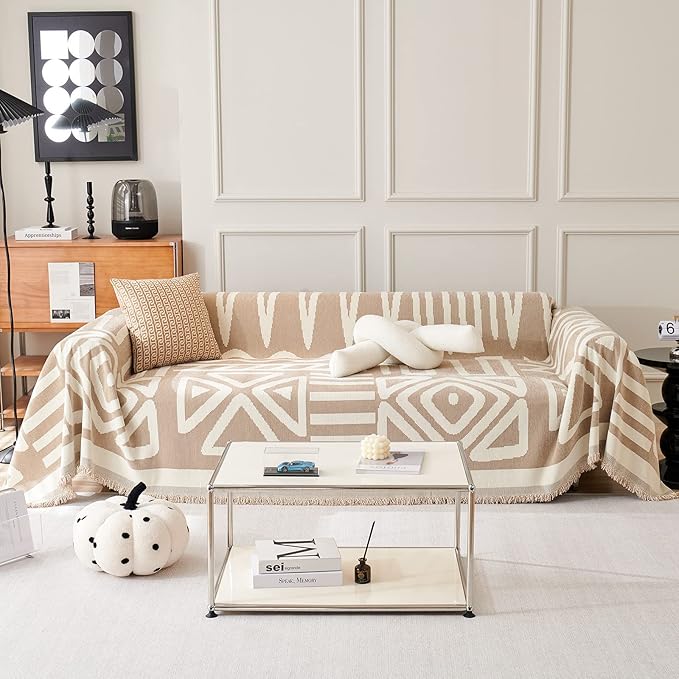 VM VOUGEMARKET Boho Couch Cover for 2 Cushion Chenille Sofa Cover Dog Proof Geometric Loveseat Sofa Slipcover L Shaped Sofa Furniture Protector with Tassels Sectional Couch Cover-71 x 118,Khaki