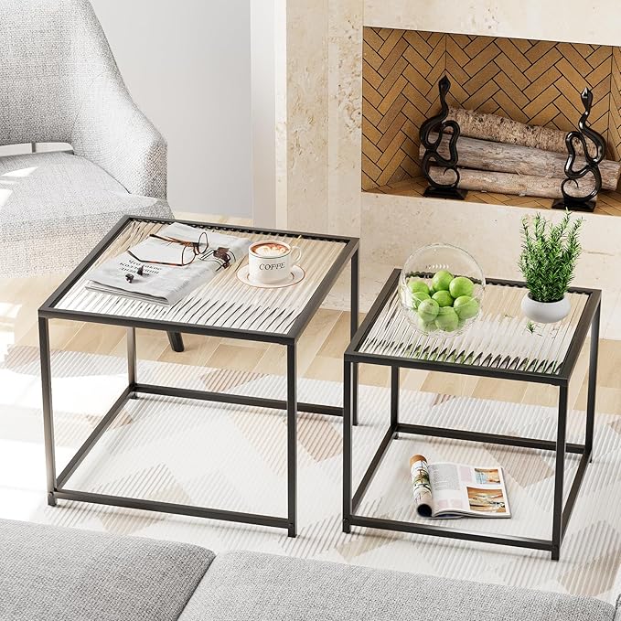 Garden 4 you Coffee Table Set of 2, Modern Patterned Glass Nesting Table, Metal Frame Square Center Table Set, Side Tables, Nesting Coffee Table for Living Room, Bedroom and Small Spaces, 23.6in Black