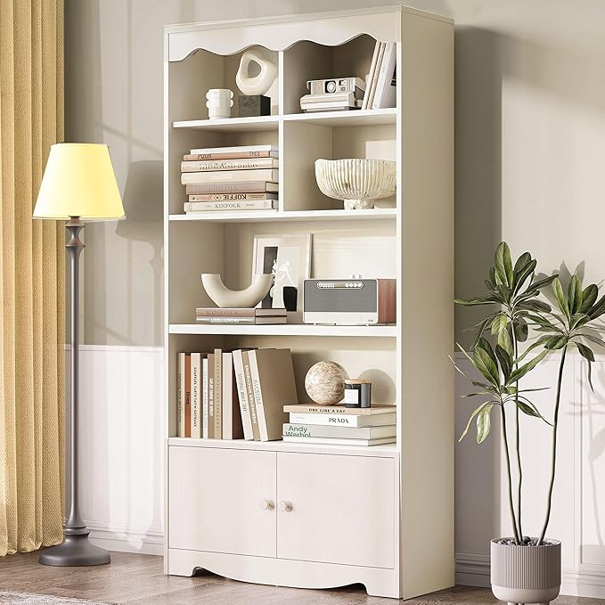 LINSY HOME 5 Shelf Bookcase Wooden, 63" Tall Bookshelf with Doors, Open Floor Standing Cube Shelf Bookcase Libreros, Beige Modern Book Shelf for Bedroom, Living Room, Home Office, White Oak