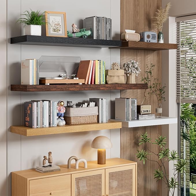 Heimlove 12 Inch Deep Floating Shelves, 55 x 12 inch Extra Long Floating Shelves for Wall, Large Display Shelf & Storage Shelf for Living Room Bedroom Kitchen Home Office, Set of 2, Walnut
