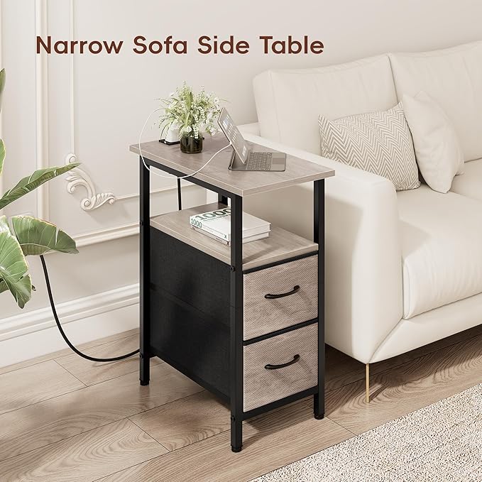 Vagusicc End Table with Charging Station Set of 2, Narrow Side Table, 23.8'' Tall Nightstand with 2 Drawers, Small Sofa Side Table Narrow Nightstand for Small Spaces, Living Room, Bedroom, Rustic Grey