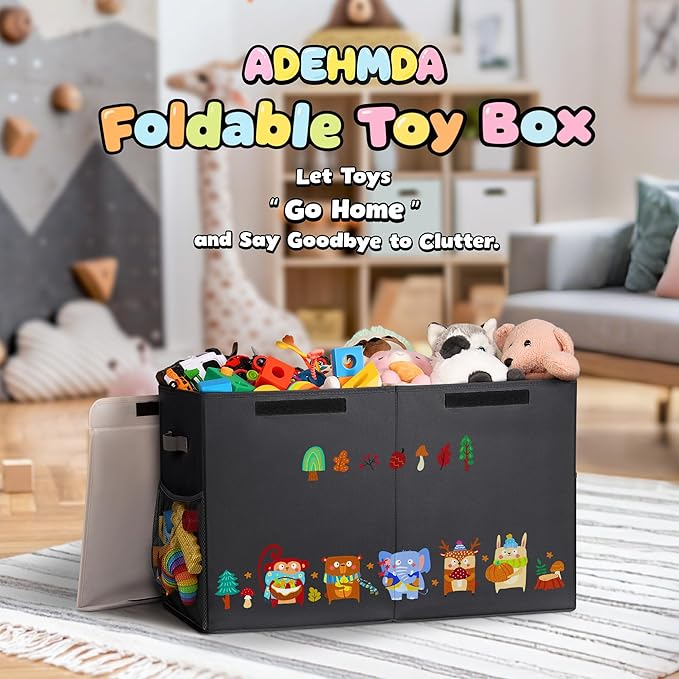 80L Large Toy Storage Box with Lid, Large Toy Box Chest for Kids, Girls and Boys, Nursery Room and Living Room, 26"x13" x16" (black-animal)