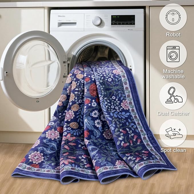 Area Rug Living Room Rugs: Floral 4x6 Washable Rug Vintage Soft Boho Non-Slip Carpet Indoor Floor Stain Resistant Large Carpets for Bedroom Dining Room Farmhouse Nursery Hallway Home Office Blue