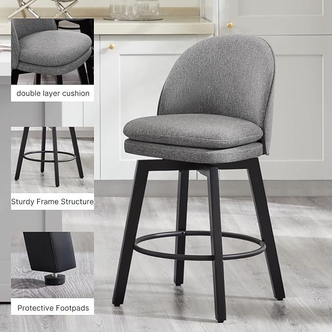 Counter Height Barstools 26 inch Upholstered Swivel Bar Stools with Back and Wood Legs for Kitchen Island,Set of 1,Dark Grey Fabric-Armless