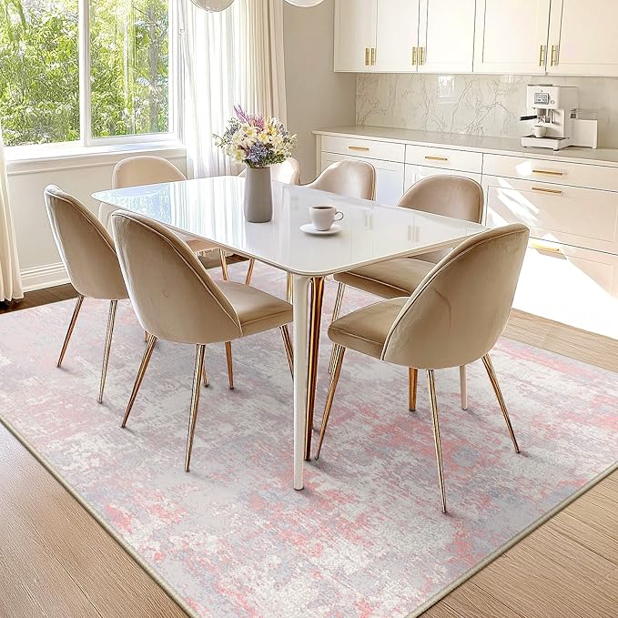 Washable Area Rugs 6'x9' Non-Slip Modern Abstract Soft for Living Room Entryway Bedroom Nursery, Print Pattern, Grey Pink