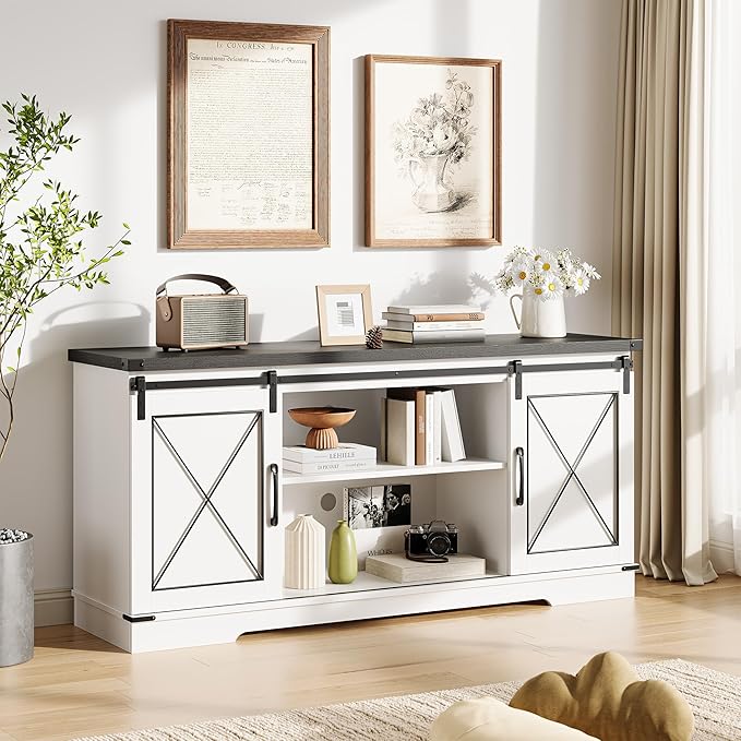 GarveeHome Farmhouse TV Stand for TV up to 65 Inches and Entertainment Center with Sliding Barn Doors and Adjustable Shelf, Tv Media Console Table with Storage Cabinet for Living Room, Bedroom, White