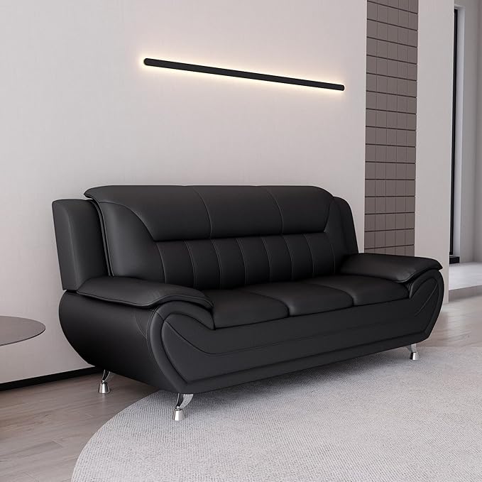 Container Furniture Direct Michael Modern Faux Leather Upholstered Stainless Steel Legs Living Room Sofa, Chair, Black