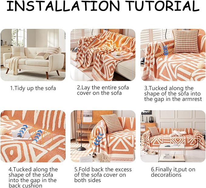 HANDONTIME Orange Sofa Covers for Loveseat, 3 Cushion Couch, Boho Style, Soft Chenille, Dog-Friendly, Thick Washable, 91" X134"